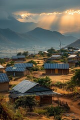 Professional Photography of a Renewable Energy Microgrid Powering a Remote Village, Generative AI