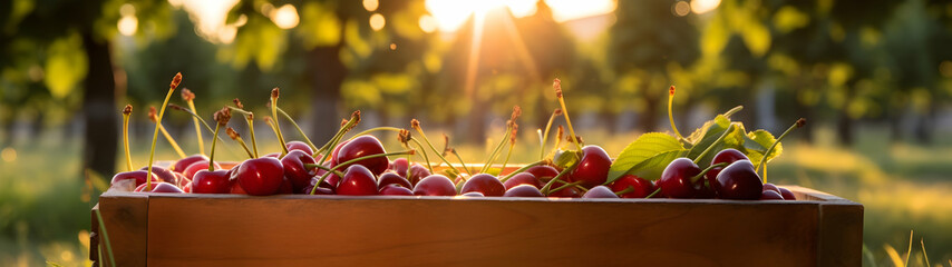 Cherries harvested in a wooden box in an orchard with sunset. Natural organic fruit abundance. Agriculture, healthy and natural food concept. Horizontal composition, banner.