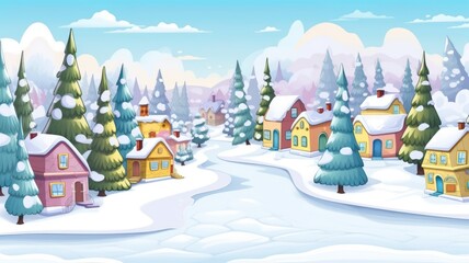 cartoon snowy village with cozy houses, trees, and mountains