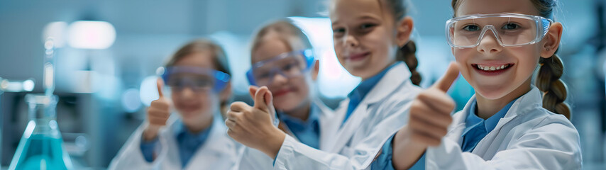 Group of children doing their dream job as Chemists at the laboratory. Concept of Creativity, Happiness, Dream come true and Teamwork. Horizontal, banner.