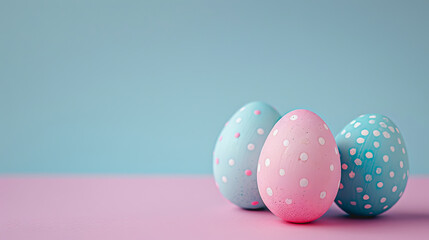 Fototapeta na wymiar Easter eggs on blank background with pastel colours, leaving ample space for text.