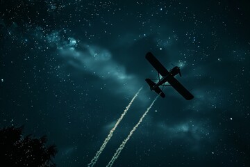 Silhouette of a biplane with smoke trails under a starry night nostalgic flight.