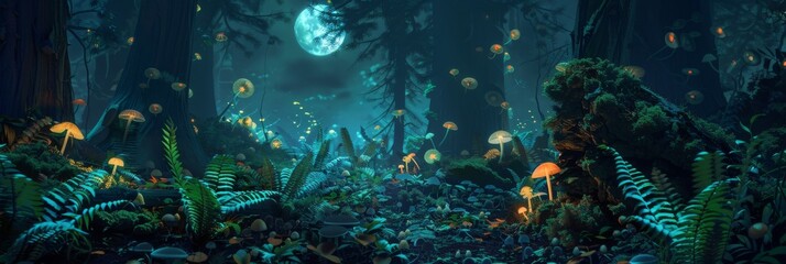 Enchanted mystical glade illuminated by bioluminescent mushrooms under a moonlit sky - Dense forest with a variety of mushrooms casting a soft ethereal glow created with Generative AI Technology - obrazy, fototapety, plakaty