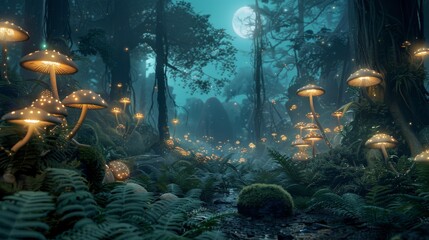Fototapeta na wymiar Enchanted mystical glade illuminated by bioluminescent mushrooms under a moonlit sky - Dense forest with a variety of mushrooms casting a soft ethereal glow created with Generative AI Technology