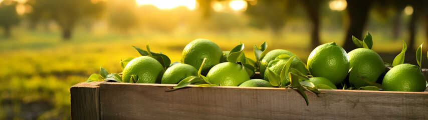 Limes harvested in a wooden box with orchard and sunshine in the background. Natural organic fruit abundance. Agriculture, healthy and natural food concept. Horizontal composition, banner. - obrazy, fototapety, plakaty