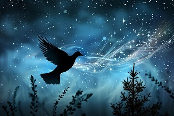 Silhouette of a dove in flight with smoke trail under a starry night symbol of peace. - obrazy, fototapety, plakaty