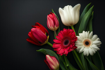 Minimalist floral arrangement with tulips and gerbera flowers, on black background