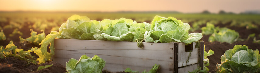 Iceberg lettuce in a wooden box with field and sunset in the background. Natural organic fruit abundance. Agriculture, healthy and natural food concept. Horizontal composition, banner.