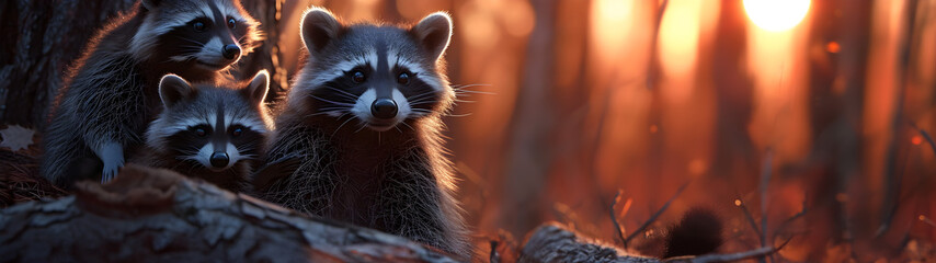Racoon family in the forest with setting sun shining. Group of wild animals in nature. Horizontal,...