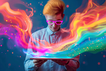 Businessman using tablet and glowing pen drawing a flowing rainbow pop from tablet screen