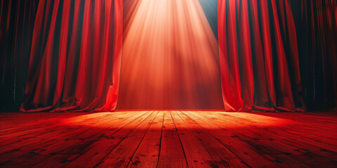 empty theater background with Red stage curtains with a spotlight on a wooden floor, 