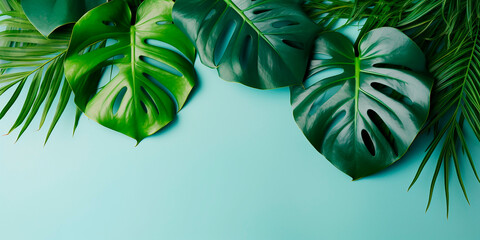 Fototapeta na wymiar Green tropical leaves of monstera and palm. Decorative tropical plants with space for text