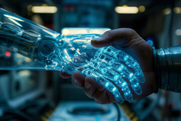 Robot handshake human, futuristic concept background
