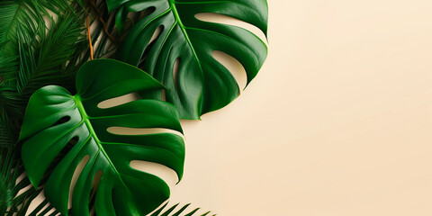 Green tropical leaves of monstera and palm. Decorative tropical plants with space for text - obrazy, fototapety, plakaty