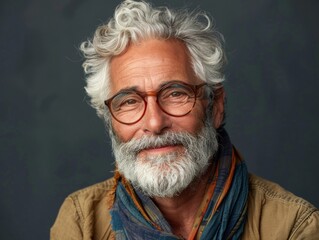 Elderly man smiling at camera. A close-up portrait of an elderly, man with a warm smile, wearing fashionable clothes.