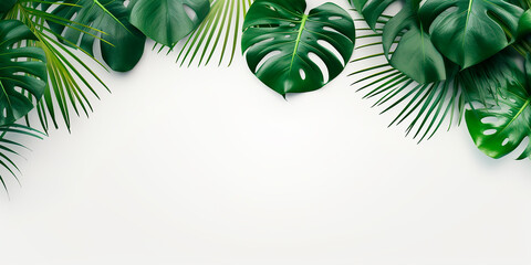 Green tropical leaves of monstera and palm. Decorative tropical plants with space for text - obrazy, fototapety, plakaty