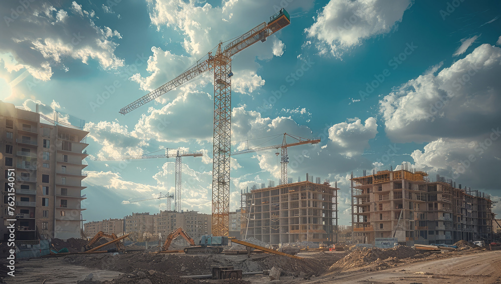 Aufkleber A construction site and a building under construction with clouds in the sky. Generative AI.
