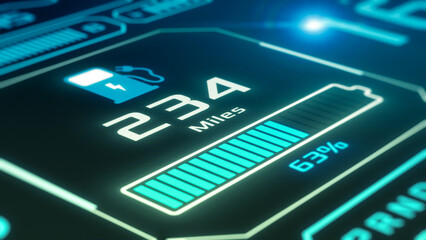 Electric or hybrid car dashboard display, futuristic hud, charging battery, close up (3d render)