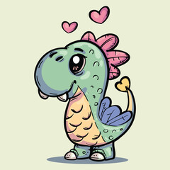 Adorable cute happy dinosaur in pastel colors with hearts and smile