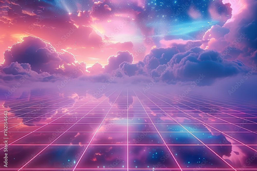 Aufkleber retro wave grid, in the style of synthwave, space and clouds in the background. generative ai.