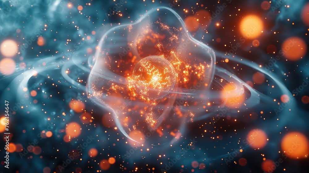 Poster a representation of an atom near other atoms in the galaxy. generative ai.