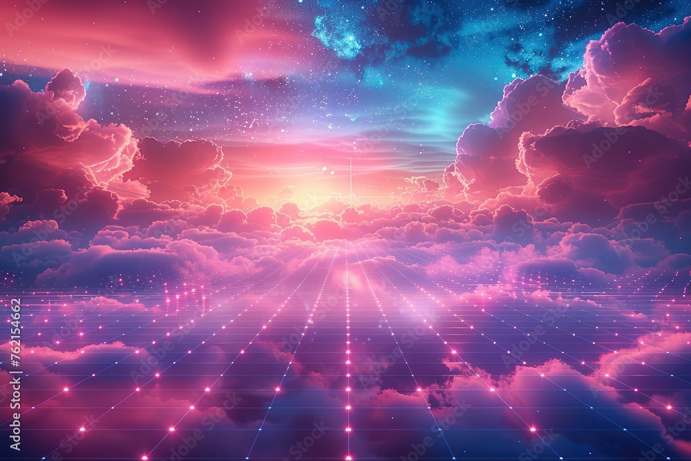 Aufkleber retro wave grid, in the style of synthwave, space and clouds in the background. generative ai.
