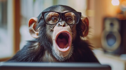 Anthropomorphic monkey with glasses working at a laptop in an office Human characters through animals Creative idea Shocked, startled or frightened look with wide open mouth and bulging eyes - obrazy, fototapety, plakaty