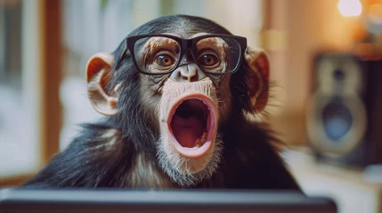 Foto op Plexiglas anti-reflex Anthropomorphic monkey with glasses working at a laptop in an office Human characters through animals Creative idea Shocked, startled or frightened look with wide open mouth and bulging eyes © ธนากร บัวพรหม