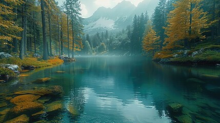 Naklejka premium Beautiful landscape depicting a lake surrounded by a forest. Generative AI.