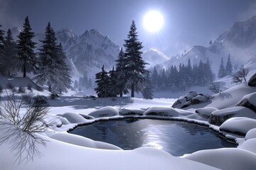 Snow Covered Landscape With Hot Tub