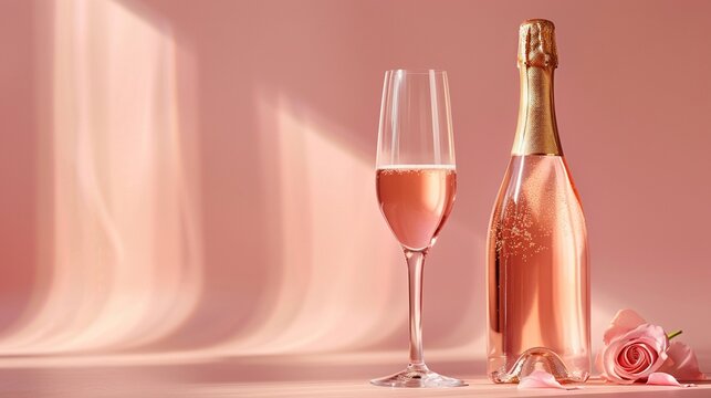 The gentle allure of celebration captured with a champagne bottle and its accompanying glass, presented on a delicate pastel peach background, inviting a moment of toast