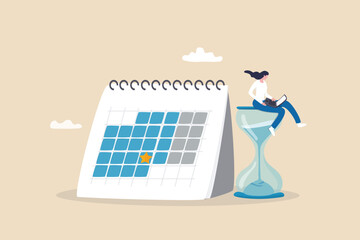 Calendar deadline to finish work, time countdown to launch date, reminder or planner, organize work or project management concept, businesswoman work computer laptop on sandglass and calendar date. - obrazy, fototapety, plakaty