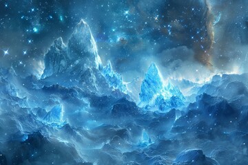 Frozen galaxy scene with ice-like stars and crystalline nebulae against a cold cosmic background.