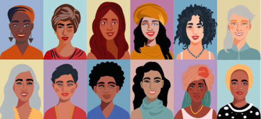 Retrato de medio cuerpo de grupo de mujeres de diferentes razas y colores. Set de vectores de dibujos animados de cara de mujeres. Avatar de mujer. - obrazy, fototapety, plakaty