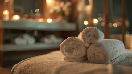 Horizontal AI illustration inviting spa ambiance with towels. Business concept.