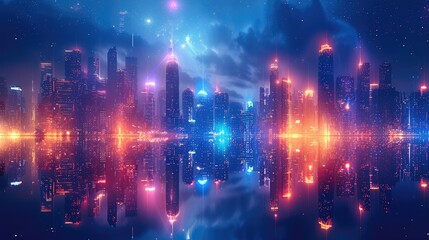 A cityscape with neon lights. Modern hi-tech, science, futuristic technology concept. Generative AI. - obrazy, fototapety, plakaty