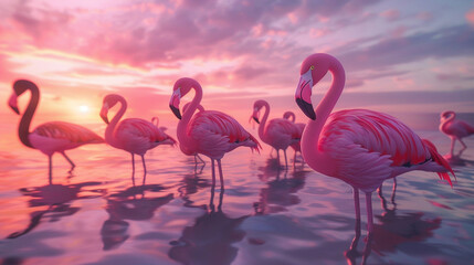 closeup shot at Flock of flamingos robot at sunset, their pink hues mirrored in the calm waters of a serene lake, creating a peaceful and picturesque scene