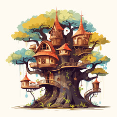 Whimsical treehouse in a magical forest illustration