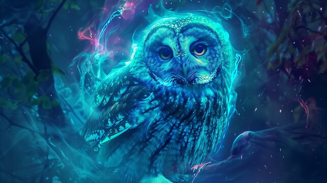 In a mystical forest bathed in moonlight, an owl emerges from the shadows, its feathers adorned with vibrant hues of the aurora borealis. 

