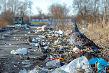 Fototapeta premium Birds Standing on Trash Stack
