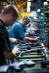 workers assembling firearms on the production line inside the factory
