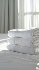 Vertical AI illustration fresh white towels on bed. Business concept.