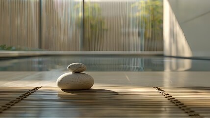 Horizontal AI illustration zen stones by tranquil pool. Business concept.