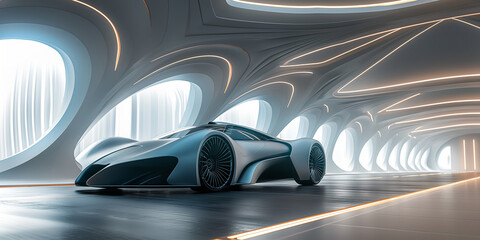 Futuristische Architektur Zukunft mit Elektroauto E Fahrzeug Mobilität CO2 neutral, ai generativ - obrazy, fototapety, plakaty