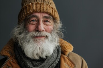 Elderly man smiling at camera. A close-up portrait of an elderly, man with a warm smile, wearing fashionable clothes.