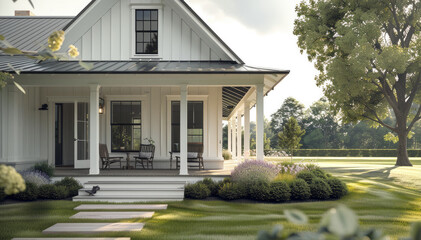 Suburban porch, modern farmhouse style, raised windows, minimalist. Generative AI.