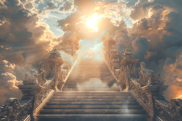 Illustration of a stairway ascending towards heavenly realms with a bright sky, clouds, and sun shining through the stairway. Symbolizing spiritual transcendence and enlightenment.  - obrazy, fototapety, plakaty