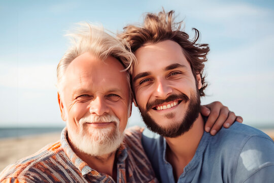 Portrait of a smiling adult son and his father outdoors generative AI