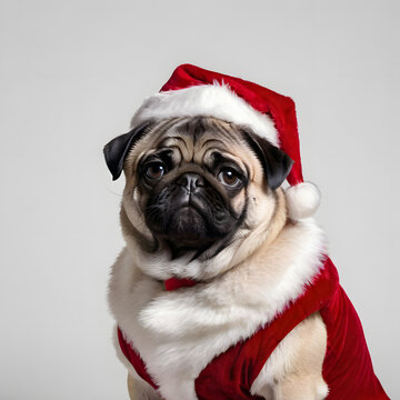 A chubby pug dog wearing santa outfit, isolated on grey background, profile picture