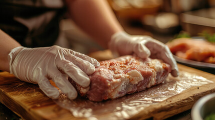 A pair of hands with white translucent gloves inspecting a piece of pork, a clean wooden tabletop. Generative AI.